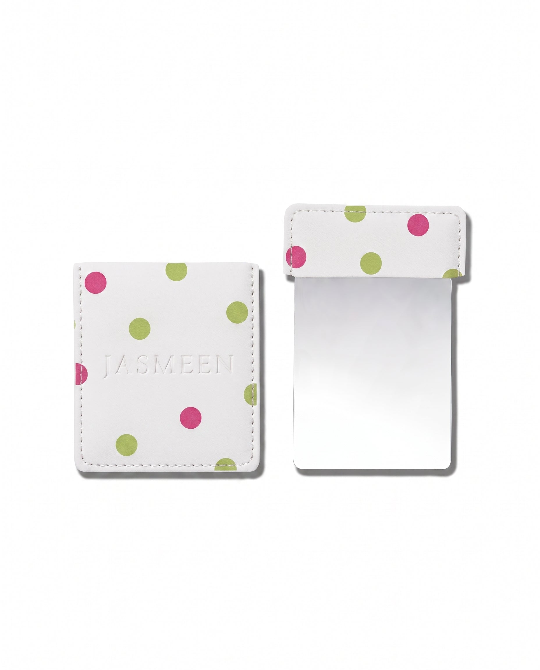 Miroir de poche Jasmeen et sa pochette blanche à pois verts et roses