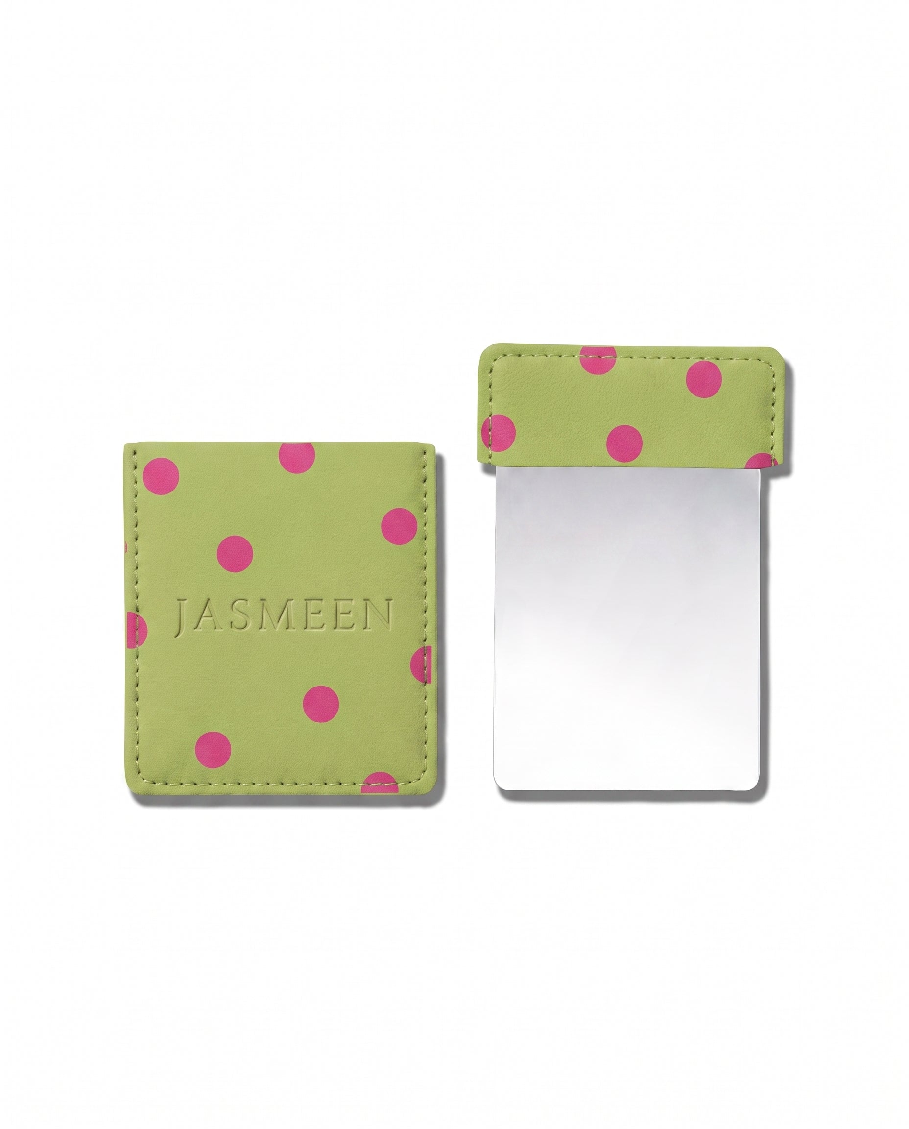 Miroir de poche Jasmeen et sa pochette verte à pois roses